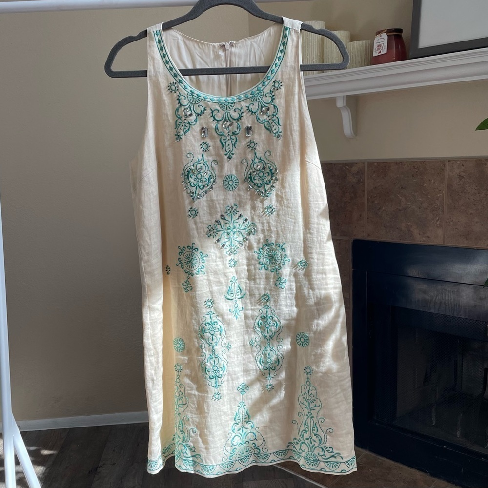 Linen Embroidered Sheath Rhinestone Dress - Picture 2 of 5